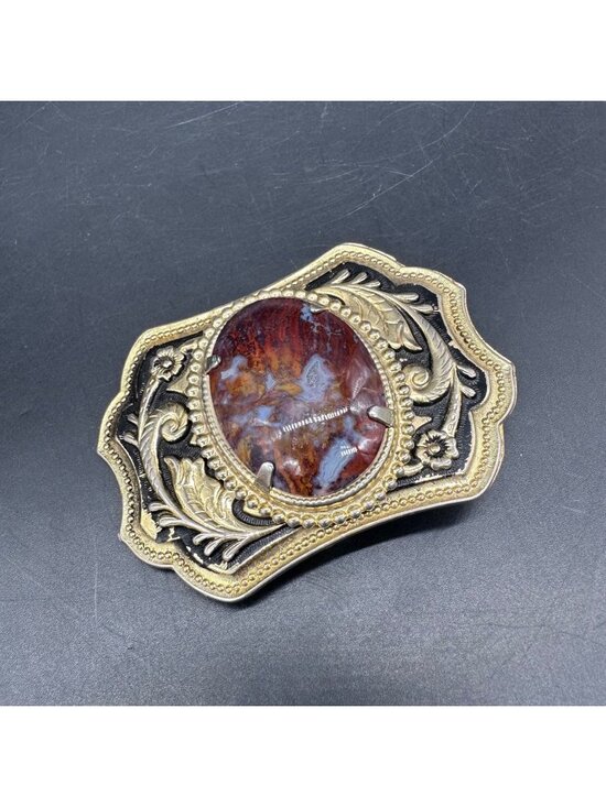 Other - Vintage Western Belt Buckle Agate Stone Gold Tone Floral Rodeo Cowboy Accessory